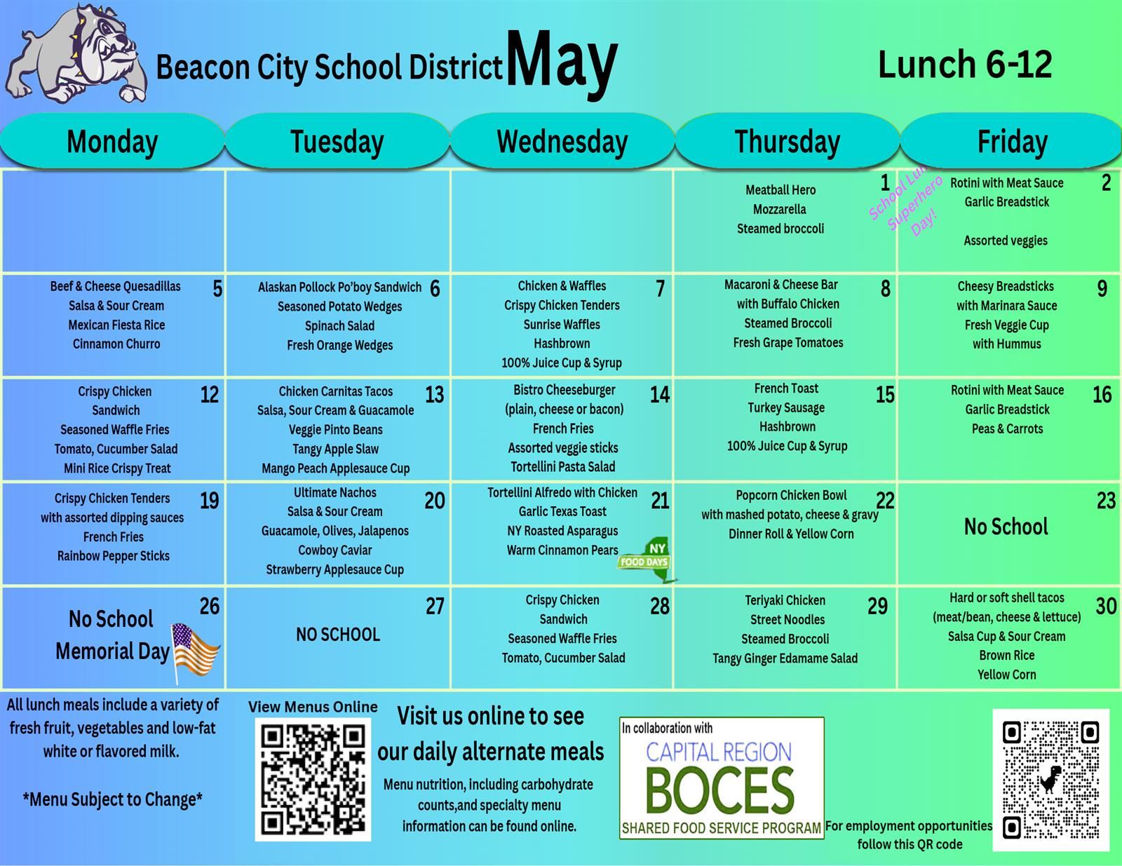 BCSD May 2025 Lunch Menu Grade 6 - 12